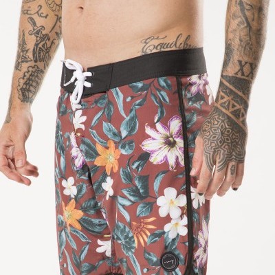 Calções de banho masculinos com padrão floral colorido e cintura preta com cordão branco