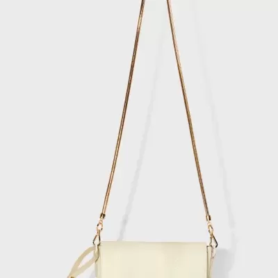 Mala de ombro pequena bege com alça dourada