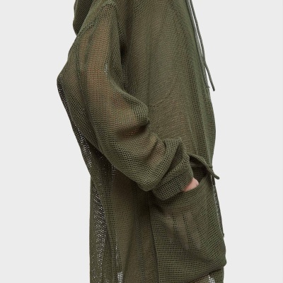 Casaco com capuz de malha aberta verde-oliva com bolso frontal