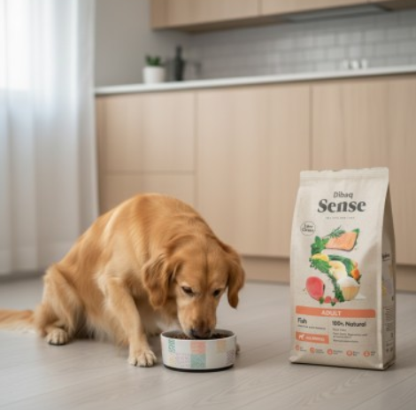 Cão dourado a comer junto a saco de ração Dibaq Sense na cozinha