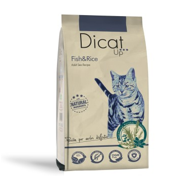 Dicat Up Peixe e Arroz Adulto Saco de ração para gatos Dicat Up Fish & Rice com imagem azul de gato