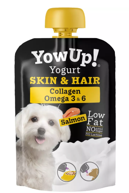 YowUp! Yogurt com colagéneo e Omega 3 e 6 - salmão Embalagem de iogurte para cães com etiqueta amarela e texto preto e branco