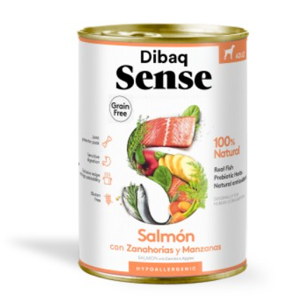 Lata de comida para cão Dibaq Sense sabor salmão com cenouras e maçãs.