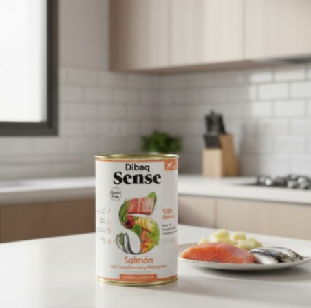 Lata de alimento para animais Dibaq Sense Salmón sobre bancada de cozinha com travessa de peixe.