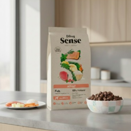Saco de ração para cães Dibaq Sense Adult Fish com tigela de ração e prato de alimentos sobre mesa cinza