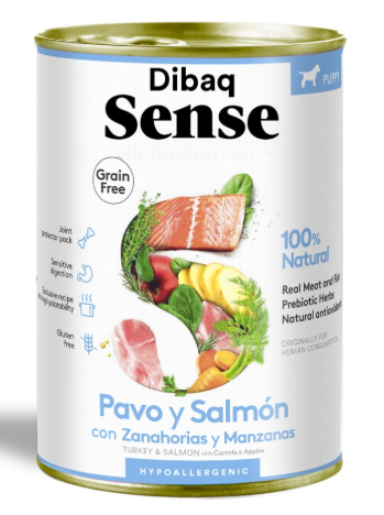 Dibaq Sense Salmão e Peru cachorro (puppy) Lata de comida para cães Dibaq Sense Pavo y Salmón com cenouras e maçãs.