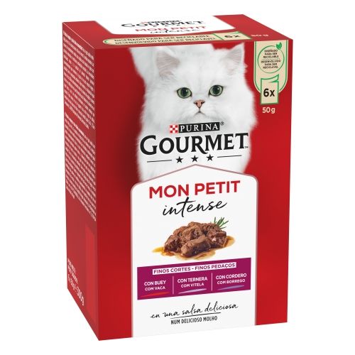 Pacote de comida para gatos Purina Gourmet Mon Petit Intense com imagem de gato branco