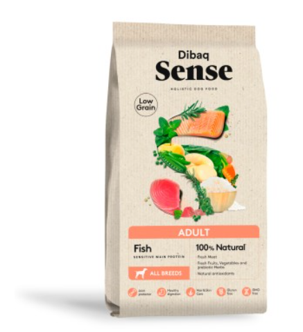 Pacote de ração Dibaq Sense Adult Fish com imagens de peixe e legumes