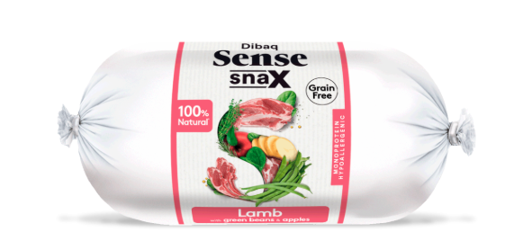 Dibaq Sense Snax Bar Cordeiro - Adulto Embalagem branca de alimento para animais com rótulo colorido e texto sobre cordeiro e vegetais