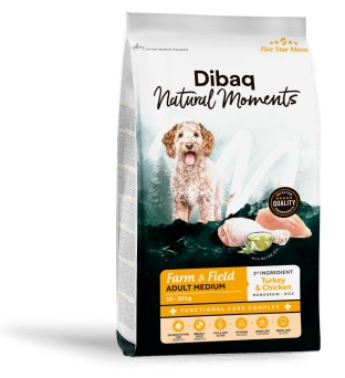Dibaq Natural Moments 5 Star Peru e Frango Raças médias adultas - 2KG Saco de ração para cães Dibaq Natural Moments com imagem de cão e texto Farm & Field Adult Medium.