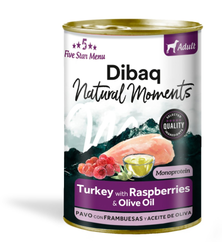 Dibaq Natural Moments Adulto Peru com Framboesa - 380g Lata de comida para cães Dibaq Natural Moments sabor Peru com Framboesas e Azeite