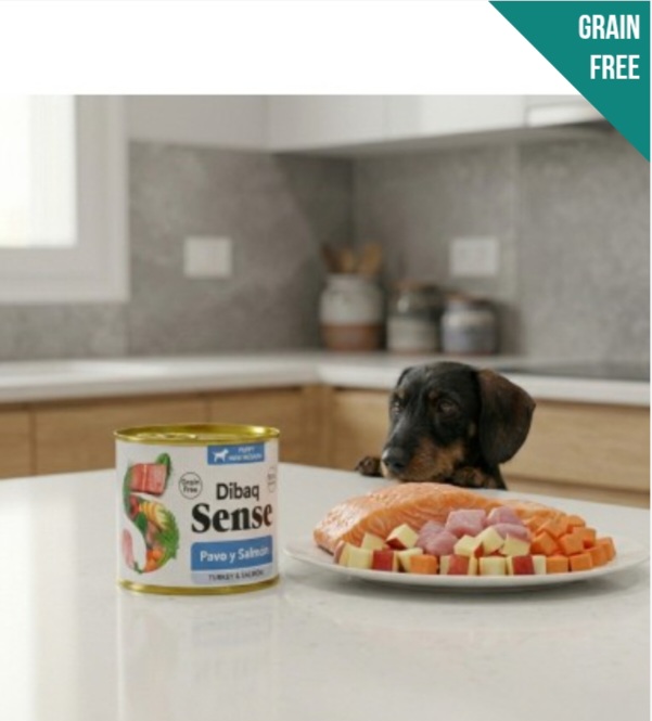 Lata de comida para cão e prato com pedaços de comida na cozinha com cão