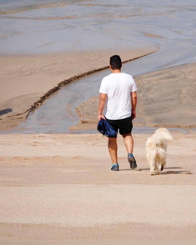 Homem de costas na areia com cão branco a caminhar