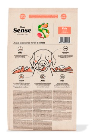 Pacote de alimento para cães Dibaq Sense com ilustração e descrição