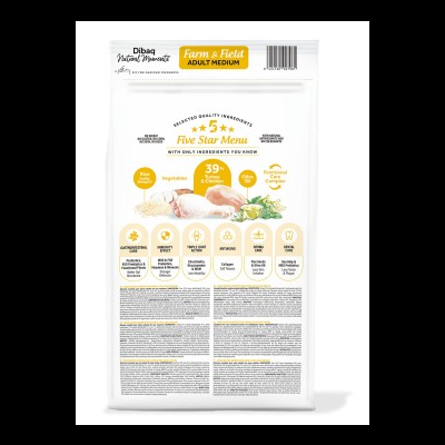 Embalagem branca de ração para cães Dibaq Farm & Field ADULT MEDIUM com texto e imagens de ingredientes.