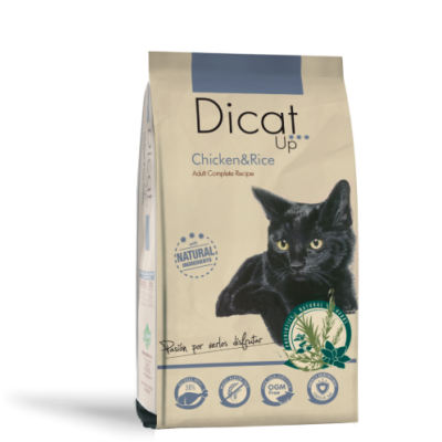 Saco de ração para gatos Dicat Up Chicken & Rice com imagem de gato preto