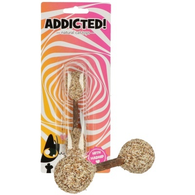 Brinquedo natural para gatos em forma de haltere com duas bolas cobertas por fibras naturais em embalagem colorida.