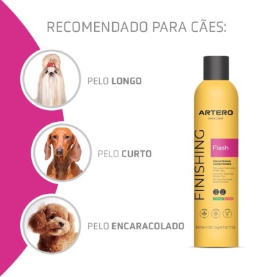Produtos para cuidados de pelo de cães com frasco amarelo de condicionador Artero Flash