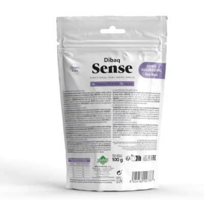 Embalagem branca de snack DibaQ Sense hipoalergénico Sea Bass 100 g