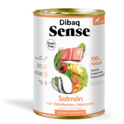 Lata de comida para cão Dibaq Sense sabor salmão com cenouras e maçãs.