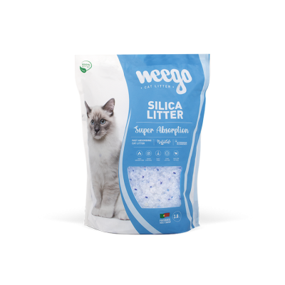 Saco azul e branco de areia sanitária para gatos Weego Silica Litter com imagem de gato