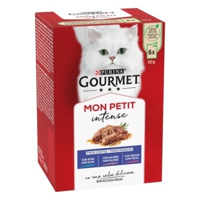 Embala gem de comida para gatos Purina Gourmet Mon Petit Intense com imagem de gato branco