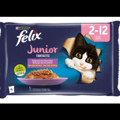 Embalagem de comida para gatos Junior Felix com imagem de gato preto e branco