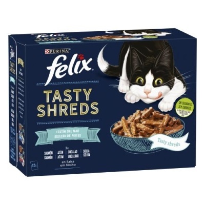 Pacote azul de comida húmida para gatos Felix Tasty Shreds com imagem de gato e taça com comida.