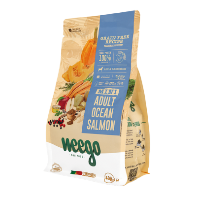 Saco de ração para cães Weego Dog Food Mini Adult Ocean Salmon 400g com design colorido e texto azul e bege