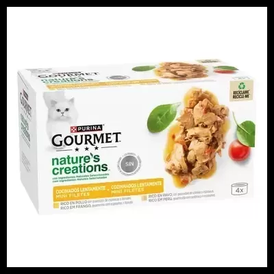 Embalagem de comida húmida para gatos Purina Gourmet natures creations com mini filetes