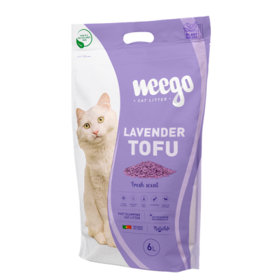 Saco de areia para gatos neego lavender tofu com imagem de gato branco