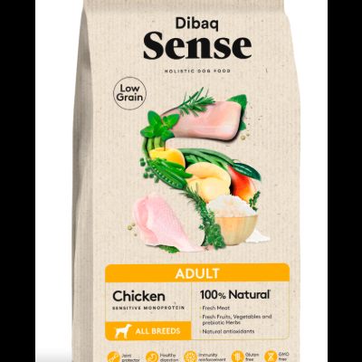 Saco de ração para cães Dibaq Sense Adult Chicken com imagens de frango, ervas e legumes