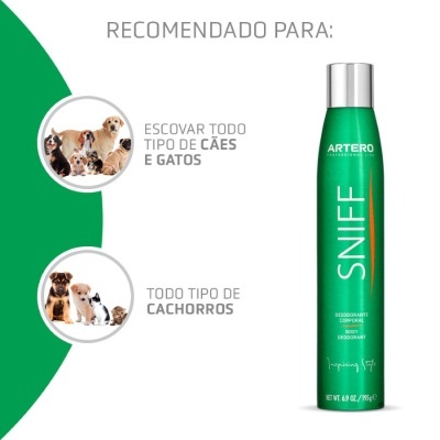 Embalagem verde de desodorizante corporal Artero Sniff com texto de recomendação para escovar cães e gatos, e imagens de vários cães e gatos.