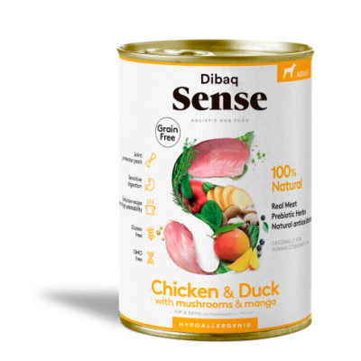 Lata de comida para cães Dibaq Sense Chicken & Duck com cogumelos e manga