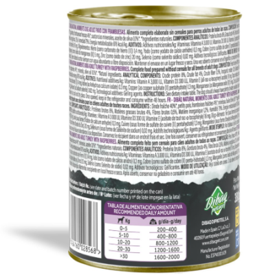 Lata de alimento para cães Dibaq com texto e tabela de alimentação recomendada