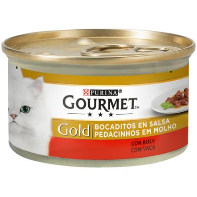 Lata de comida húmida para gato PURINA GOURMET Gold sabor vaca com fotografia de gato branco