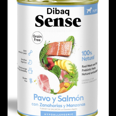 Lata de comida para cães Dibaq Sense Pavo y Salmón com cenouras e maçãs.