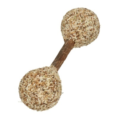 Brinquedo para cães em forma de haltere coberto com lascas de madeira