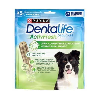 Pacote Purina Dentalife ActivFresh para cão médio com imagem de cão e texto de cuidados orais