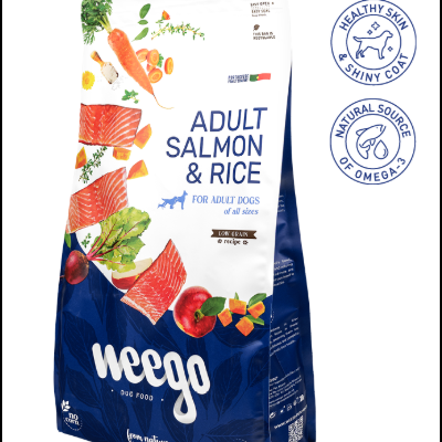 Saco de comida para cães adulto Weego Adult Salmon & Rice de 12 kg com desenhos de salmão e vegetais