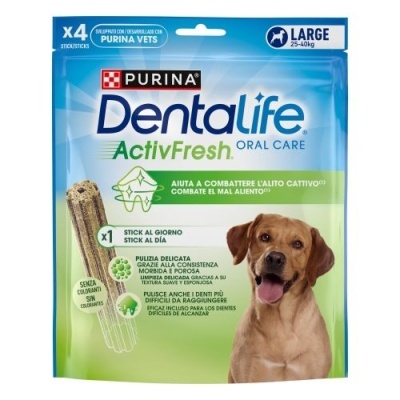 Embalagem azul e verde de palitos dentais para cães grandes PURINA Dentalife