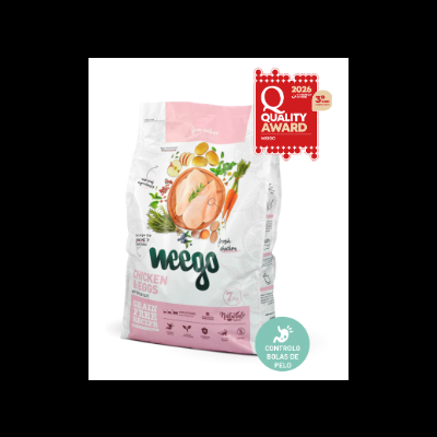 Saco de ração Weego Chicken & Eggs com selo de qualidade e controlo de bolas de pelo