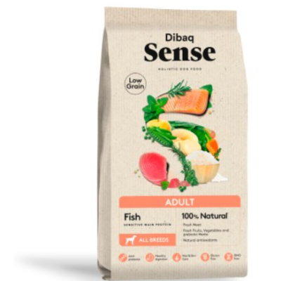 Pacote de ração Dibaq Sense Adult Fish com imagens de peixe e legumes