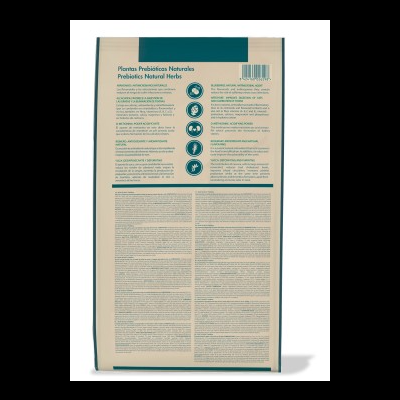 Embalagem de produto com texto sobre Plantas Prebióticas Naturais com fundo creme e detalhes azul-escuro