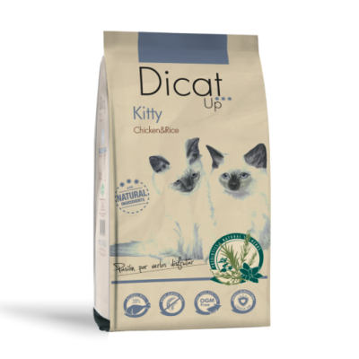Pacote de ração para gato Dicat Up Kitty Chicken & Rice com imagens de gatos e selo natural
