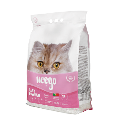 Saco de areia para gatos Weego Baby Powder, branco e rosa, com imagem de gato