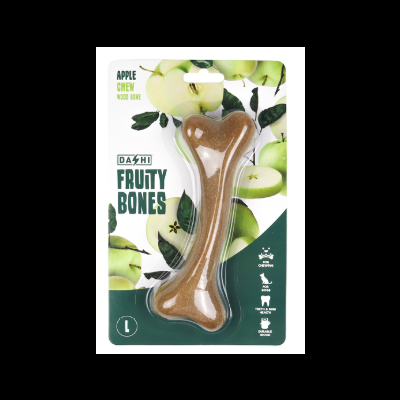 Ossos de madeira sabor maçã Dashi Fruity Bones em embalagem blister com ilustração de maçãs verdes.