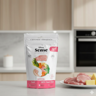 Pacote de petiscos Diba Sense sabor porco com indicação dental numa bancada de cozinha com pratos à direita