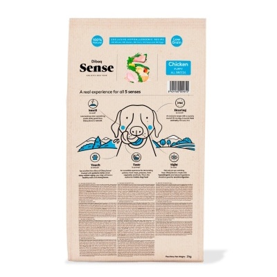 Embalagem bege de ração para cães com desenho de cão e texto azul e preto