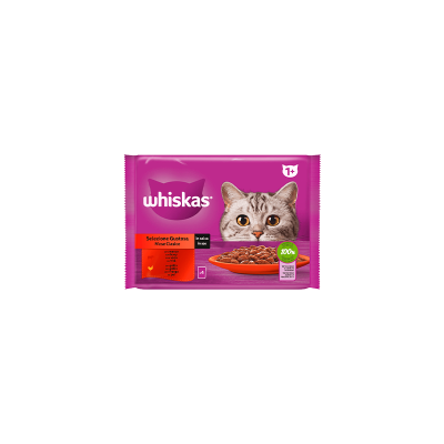 Pacote roxo de comida húmida para gatos Whiskas com imagem de gato e comida em tigela